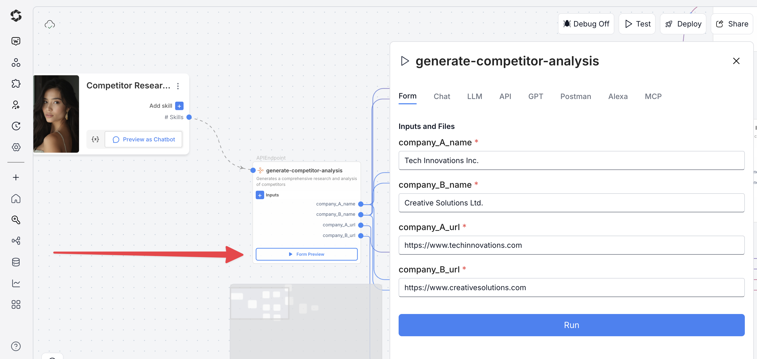 Testing Competitor Researcher Agent from toolbar